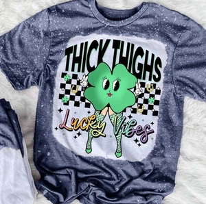 Gildan Soft style Bleached Tee, Thick Thighs Lucky Vibes Graphic Bleached Tee - Picture 1 of 3