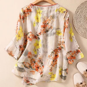 Lady Irregular Shirt Blouse Top Linen Blend Floral 3/4 Sleeve Button Chinese - Picture 1 of 11
