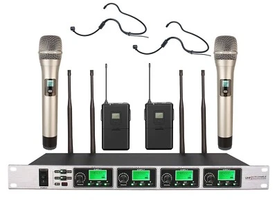 4 Channel UHF PLL Vocal Wireless 2 Handheld 2 Headset/Headworn Microphone Black - Image 1 of 2