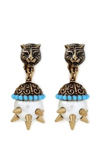 $550+NEW Gucci Faux Pearl Spike Feline Head Clip-on Drop Earrings - Picture 1 of 17