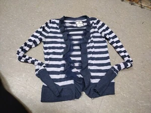 Poof Excellence Jr. Ladies Gray And White Striped Ruffle Cardigan Sweater Sz S - Picture 1 of 6