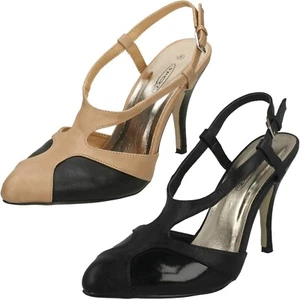 Ladies Spot On Heeled Ankle Sling Pointed Toe Court Shoes - Picture 1 of 19