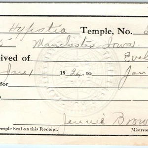 1924 Manchester, Iowa Templo Hypatia Hermanas Pythian Recibo Caballeros Pythias 3B - Imagen 1 de 3