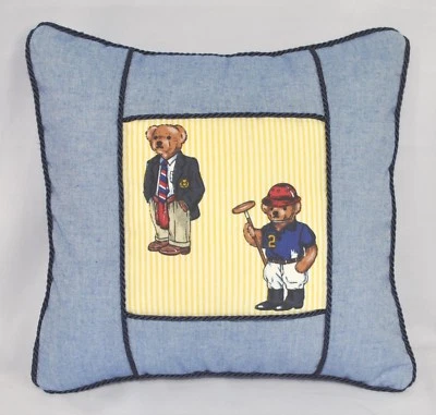 Almohada con cordón hecha con Ralph Lauren Polo Oso de Peluche Amarillo y Azul Cambray Tela  Foto 1 de 2