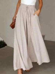 High Waist Wide Leg Pants Women Solid Color Leace-up Loose Casual Ladies Long - Picture 1 of 31