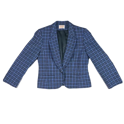 Vintage 70s Pendleton Womens Blue Plaid Notched Lapel Single Button Blazer - Image 1 of 4