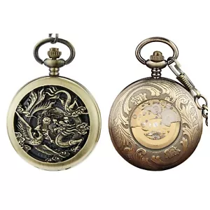 Mechanical Chinese Dragons Hand Wind Skeleton Pocket/Fob Watch Victorian Gears - Picture 1 of 8