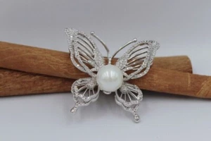 2 Ct Round Cut Simulated Diamond & Pearl Cherry Brooch Pin 14K White Gold Plated - Picture 1 of 5