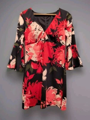 Trina Turk Sena Black Red Abstract Floral Babydoll Bell Sleeve Dress Sz 8  - Image 1 of 4