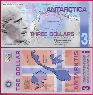 ANTARCTICA 3 DOLLAR 2008 NEW FANTASY NOTE,KING HAAKON VII OF NORWAY,MAP OF A POR - Image 1 of 2