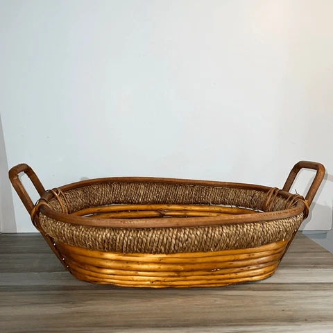 Oval Willow And Natural Vines Brown Bread Basket Hand Woven With Detailed Handle Cover