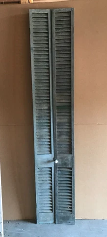 VTG Pair Tall Narrow Louvered Wood Shutter Doors Shabby 10x105 Chic Old 2002-22B Cover