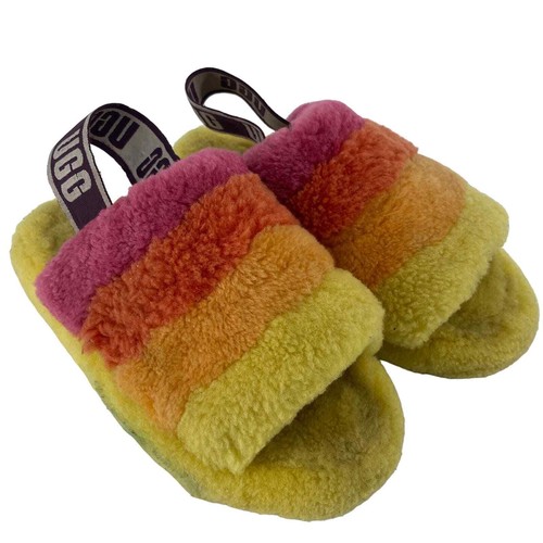 SANDALO PANTOFOLE UGG DONNA 5 FLUFF YEAH SLIDE PRIDE ARCOBALENO GIALLO PELLE DI PECORA