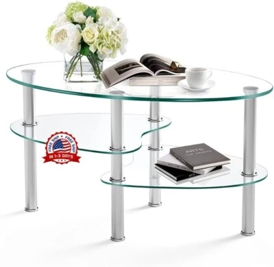 Mesa De Centro Para Sala Cristal Vidrio 2 Niveles Modernas Con Patas Plateadas - Image 1 of 4