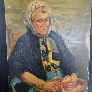 Altes antikes Gemälde Künstlertafel Portrait Frau schält Kartoffeln Babuschka - Bild 1 von 11