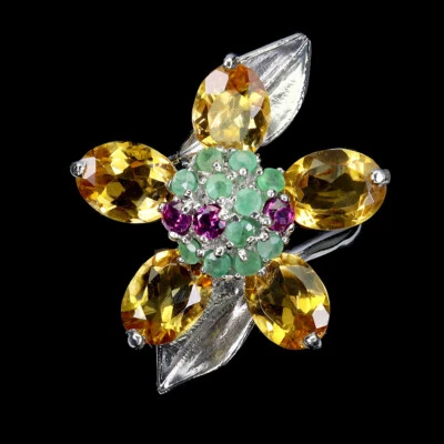 925 Anello Argento Sterling Ovale Citrino Smeraldo Rodolite Gemma Misura 9 - Immagine 1 di 4