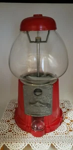 Vintage 1985 Carousel Gumball Machine Red Cast Metal Clear Glass Bubble 14" Tall - Picture 1 of 12