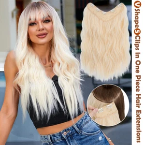 US V-Shape One Piece 5 Clip In Hair Extensions 3/4 Full Head Real As Human Wavy - Picture 1 of 29