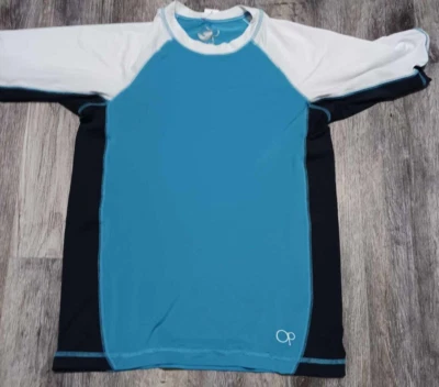 OP Ocean Pacific Rash Guard Swim Shirt Youth XL Blue Black Solid Short Sleeve - Image 1 of 4