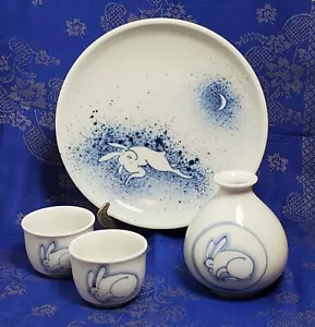 EUC Japanese Rabbit & Crescent Moon Sake Set w 7"D Fukizumi Plate Blue on White - Picture 1 of 17