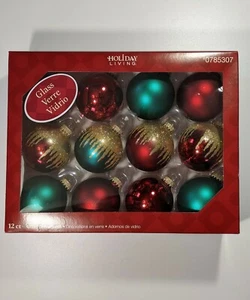 NOS Holiday Living 12 Count Round Glass Christmas Ornaments - Picture 1 of 5