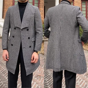 Houndstooth Tweed Men Overcoat Double Breasted Commuter Streetwear Hip-Length - Picture 1 of 9