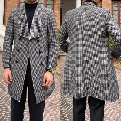 Houndstooth Tweed Men Overcoat Double Breasted Commuter Streetwear Hip-Length - Image 1 of 4