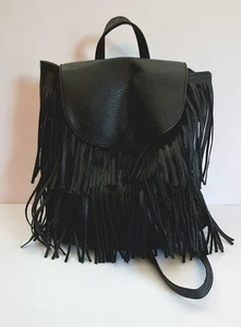 VEGAN LEDER FRANSEN RUCKSACK GELDBÖRSE SCHWARZ BUCKET STYLE GELDBEUTEL RUCKSACK GEBRAUCHT - Bild 1 von 8