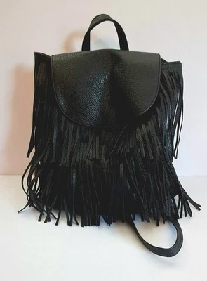 Vegan Leather FRINGE BACKPACK PURSE BLACK BUCKET STYLE PURSE BACKPACK USED - Image 1 of 4