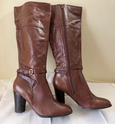 MARC FISHER Kevins Alto Marrón CUERO Hebilla Botas de Montar Tacones BOTAS 11 M $179 Foto 1 de 4