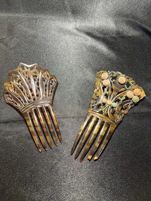 2 Large Victorian Spanish Combs-1 Comb has Celluloid Flower Designs - Image 1 of 4