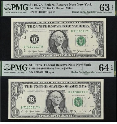 1977A $1 FRN PMG 64EPQ - 2 Consecutive Radar Serial Number 71100117 & 71200217 - Image 1 of 4