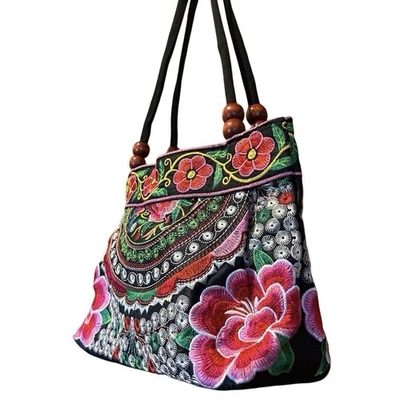 Black Double Handed Shoulder Bag Colorful Embroidery Boho Purse Artsy Festival - Image 1 of 4