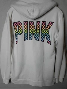 Victoria’s Secret Pink Rainbow Checkered hoodie with Sherpa hood Extra Small XS - Picture 1 of 9