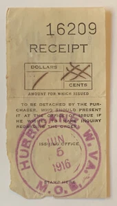 INTERESTING EPHEMERA RECEIPT WITH 1916 HURRICANE WEST VIRGINIA MOB PURPLE CANCEL - Picture 1 of 3