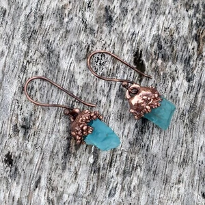 Natural Raw Apatite & Multi Gemstones Copper Antique Statement Dangle Earring - Picture 1 of 16