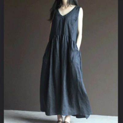 Mujeres Algodón Lino Maxi Vestido Cuello en V Sin Mangas Suelto Étnico Retro Camisola Foto 1 de 4