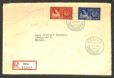 NORUEGA 253 Y 254 SELLOS OSLO A BERGEN REGISTRADO FDC PRIMER DÍA CUBIERTA 1942 Foto 1 de 2