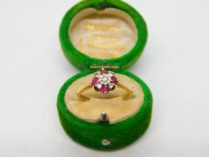 9ct Yellow Gold, Diamond & Ruby Set Floral Cluster Ring Vintage 1975 Birmingham - Picture 1 of 5