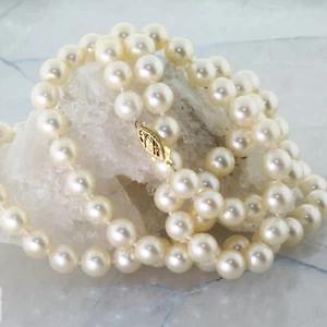 Filo di perle coltivate bianco beige 7,5 mm lunghezza 31 pollici chiusura oro giallo 14 carati - Foto 1 di 5