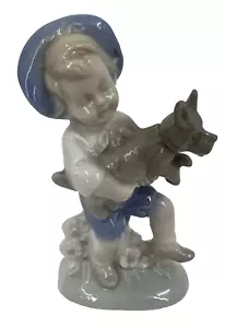 Vintage Lego Japan Porcelain Boy with Dog Figurine- Fine Quality Schnauzer Decor - Picture 1 of 7