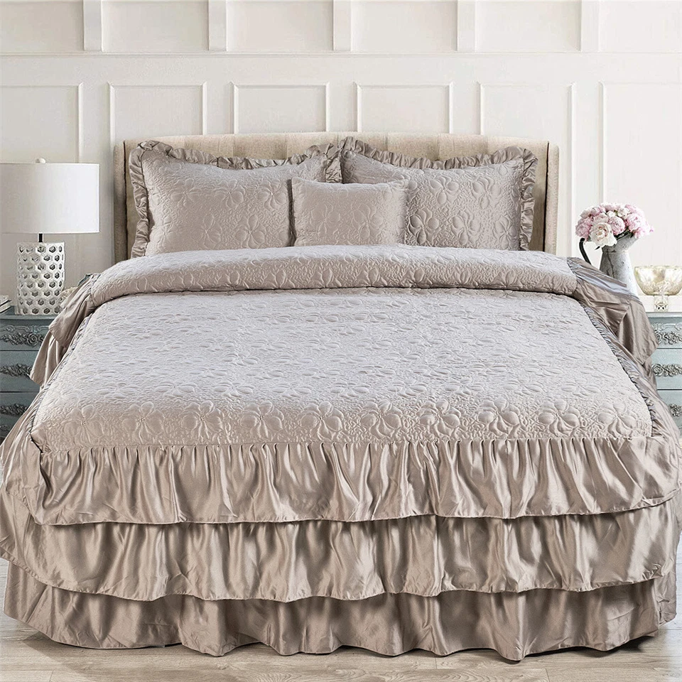 Lux 4Piece Matte Satin Bedding Set Reversible Ruffle Quilted Coverlet Queen/King - Image 1 of 4