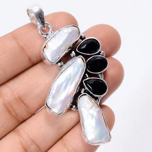 Natural Biwa Pearl Spinel Gemstone 925 Silver Handmade Pendant 2.2" ARP-4054 - Picture 1 of 3