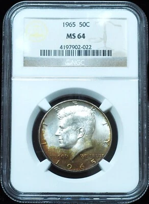 1965 Kennedy Half Dollar  MS64 NGC - Dual Sided Crescent Toning - Image 1 of 4