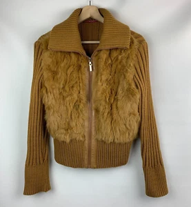 Jennifer J Jacke braun Strickkragen Kaninchenfell Frontreißverschluss Zopfmusterbesatz Gr. L - Bild 1 von 9