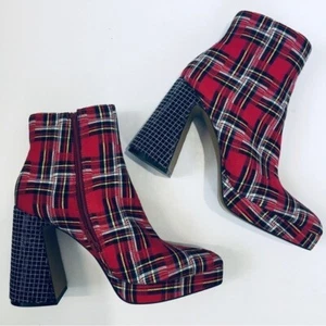 BETSEY JOHNSON Raylan Red Multi Plaid Platform Rhinestone Heel Ankle Boots - Picture 1 of 15
