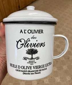 Weiß Emaille Französisch Kanister Tasse Behälter m. Deckel Griff A L’Olivier des Oliviers - Bild 1 von 16