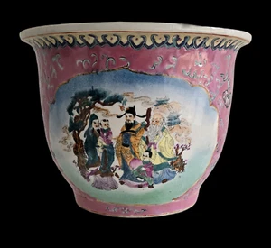 Vintage Porcelain Flower Pot - Pink / Chinese 3 Star Gods and Cranes - Picture 1 of 5