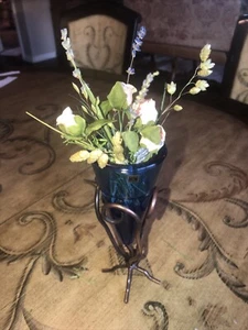 Blue Cobalt Inverted Cone Bud Vase w Miniature Florals - Picture 1 of 8