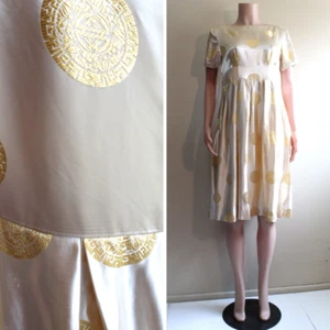 L Vintage Handmade Cream Satin Dress Gold Chinese Symbol Knee Back Zip S/Sleeve - Picture 1 of 12